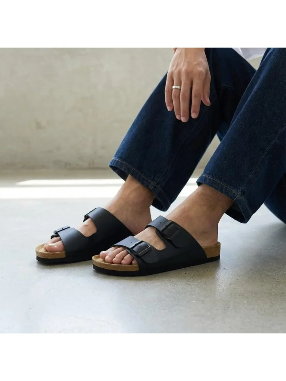 Men's Black Nappa Lane Cork Footbed Sandals Adjustable Buckle Comfort Slides